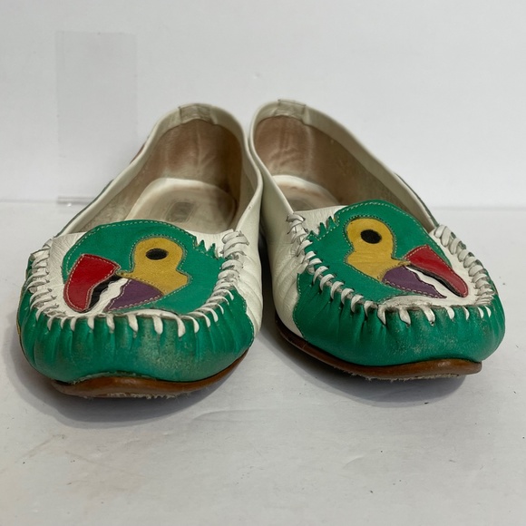 Parrot Loafers 5 Vintage Rainbow Leather Patchwork Green Hokus Pokus Bird - Picture 11 of 13